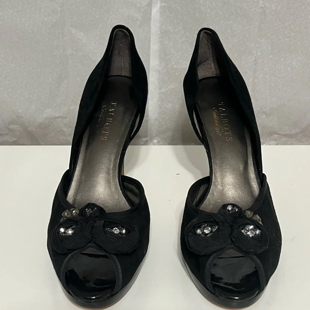 NEW Talbots black crushed velvet peep toe heels floral rhinestone holiday Sz 8.5